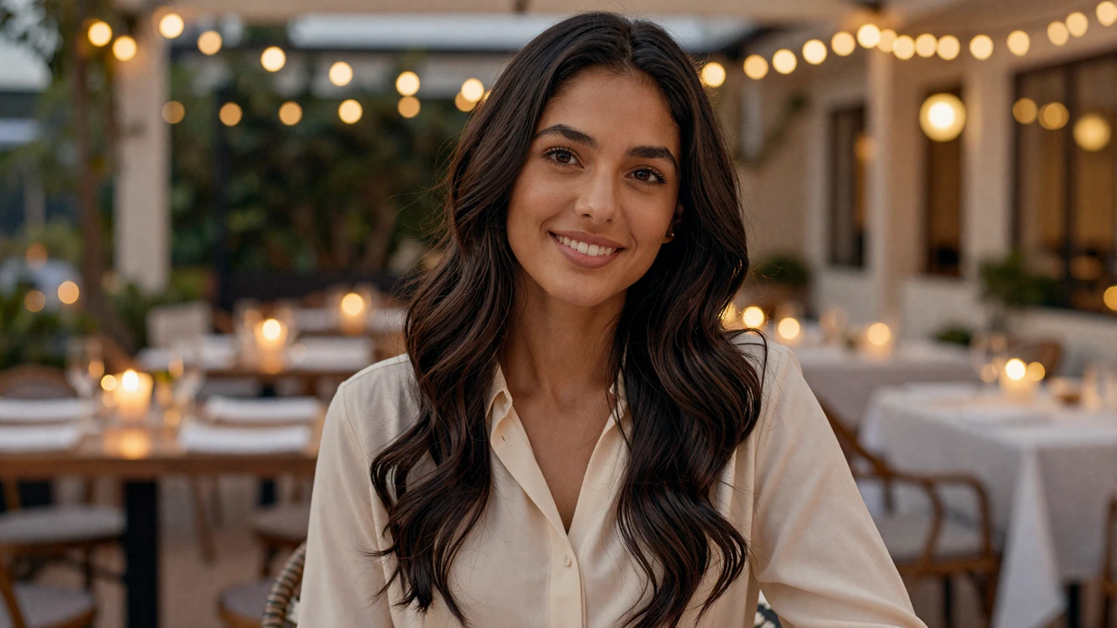 Woman smiling on a restaurant terrace at dusk, illustrating how to date an active duty military officer