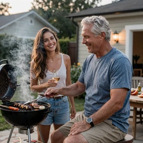 Veteran and partner at a barbecue who met on the veteran dating community