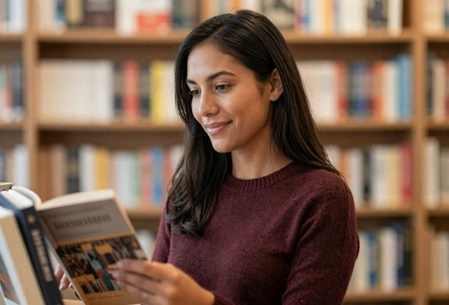 Woman in a bookstore linking to veteran dating for retired and ex-military singles