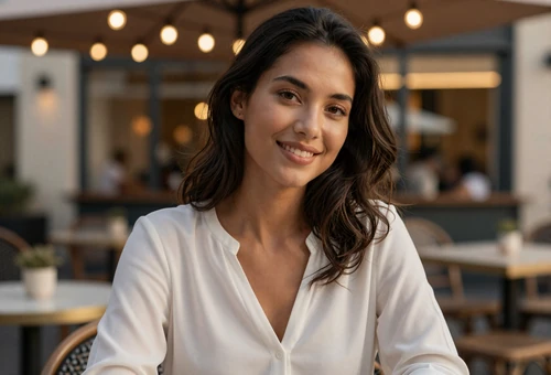 Woman at an outdoor cafe linking to military pilot dating for aviators and airmen