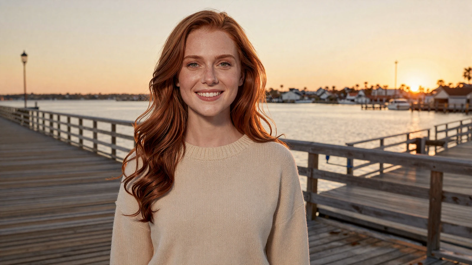 Woman smiling on a waterfront boardwalk at sunset, illustrating finding love during military service