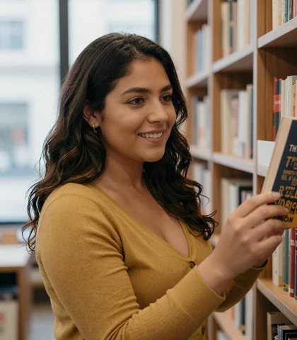 Latina woman in a bookstore, a verified aviator dating site member seeking pilots