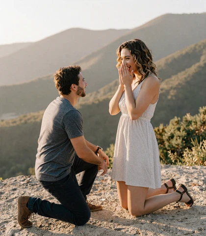 Engagement at a scenic overlook for a couple who met on the military dating site