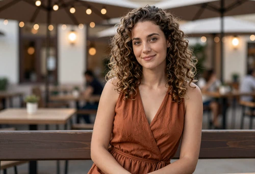 Woman at an outdoor cafe linking to army dating for soldiers and army singles