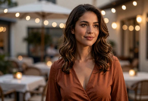 Woman on a restaurant terrace linking to uniform dating for men in uniform