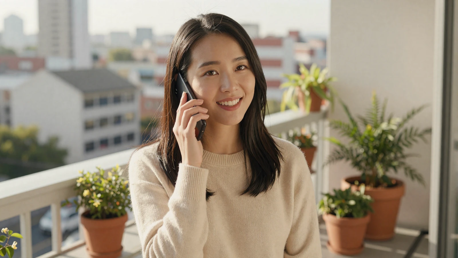 Woman smiling on a phone call, contacting the MilitarySoulmate military dating site team