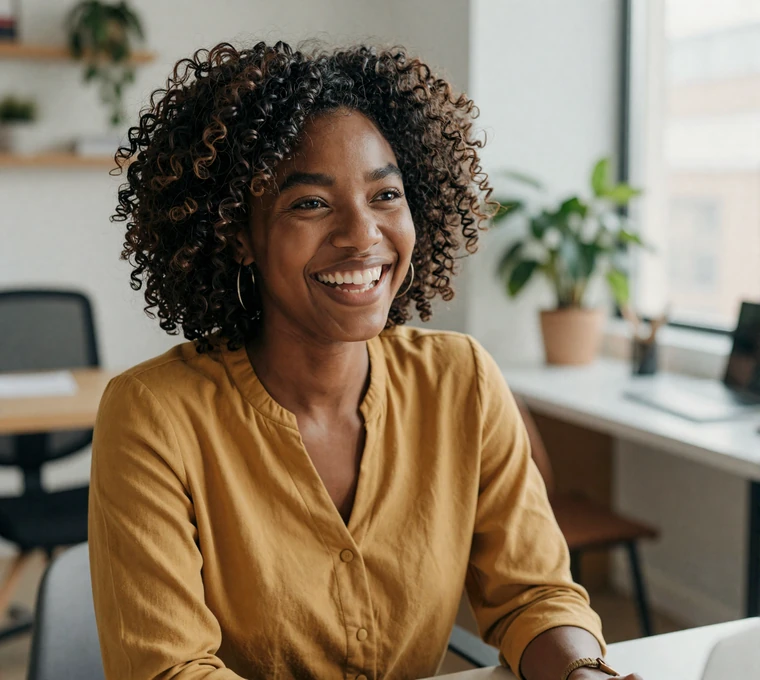 Woman laughing in a casual office, reflecting the rise of relationship-first military dating websites