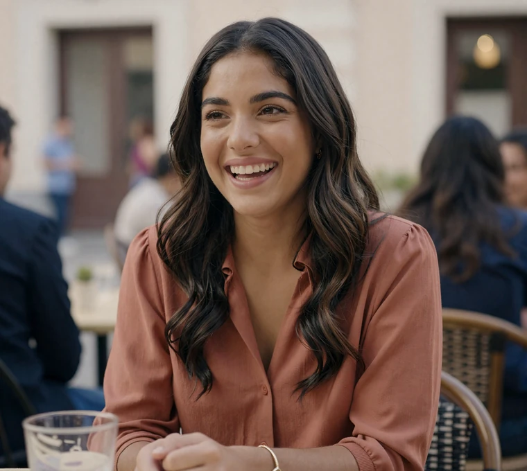 Latina woman laughing at a café, a military singles member seeking military men