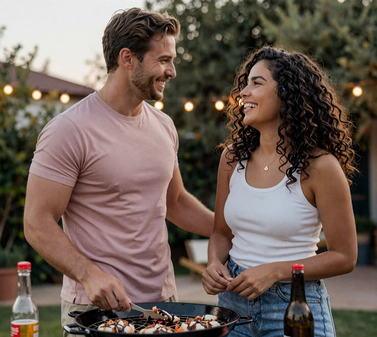 Happy couple laughing at a barbecue after meeting through military singles dating
