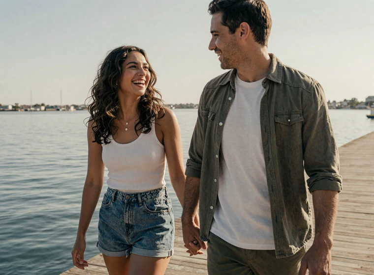 Couple on a waterfront walk who met through military singles dating