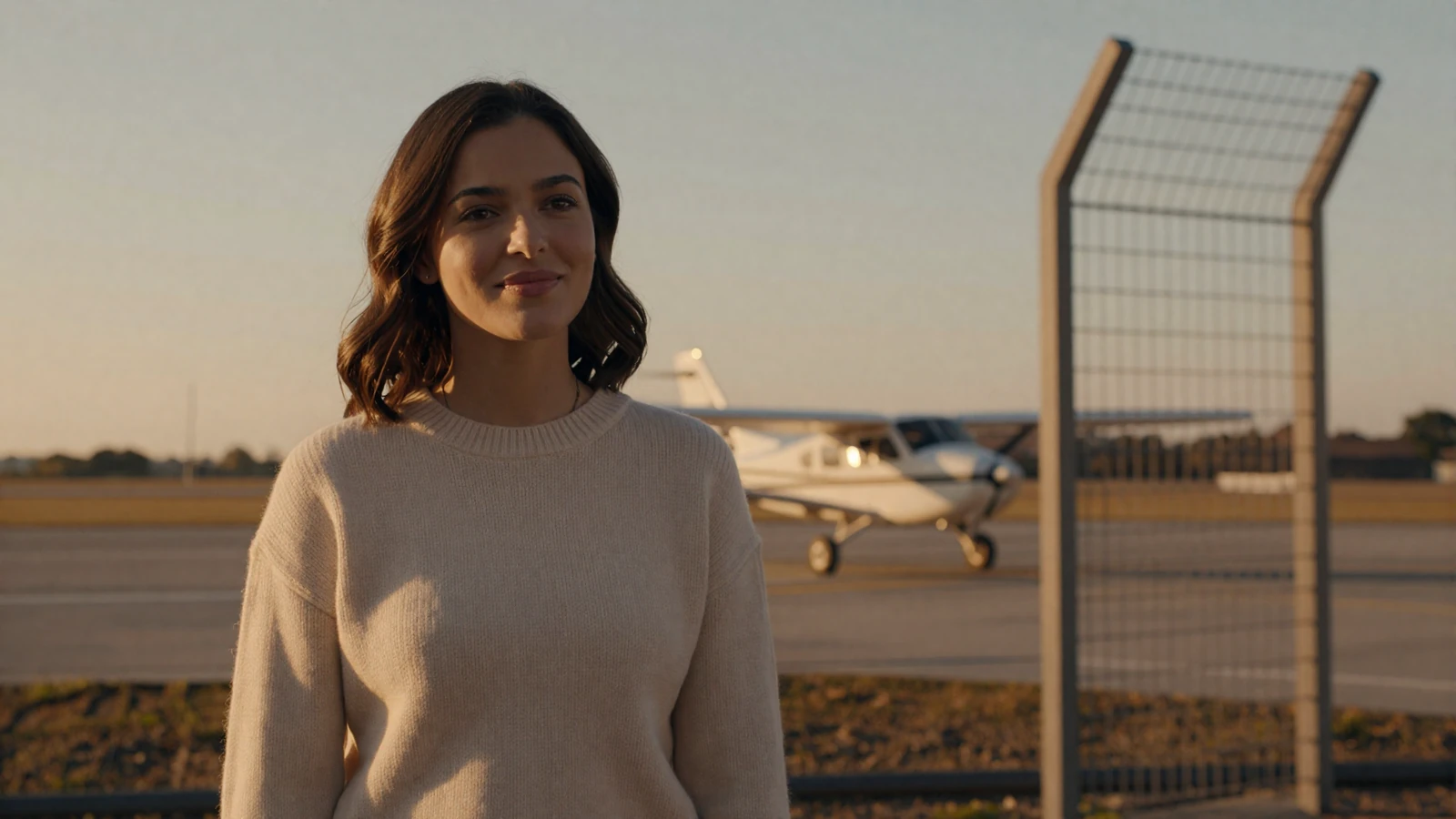 Brunette woman smiling near an airfield at sunset on a military pilot dating site for aviators