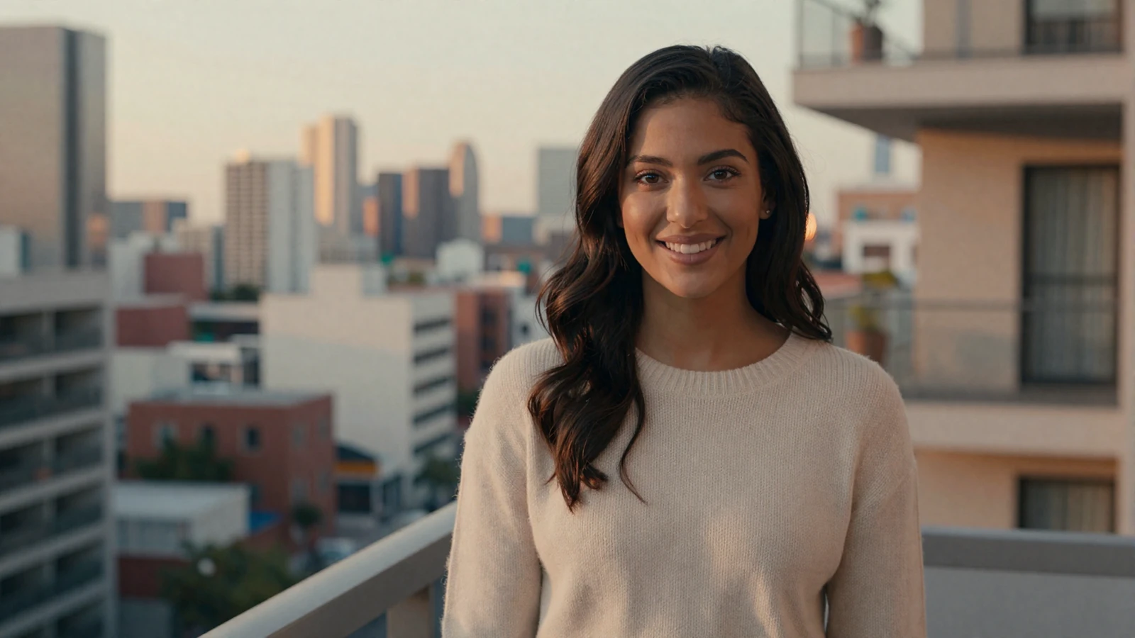 Woman smiling on an apartment balcony at sunset, illustrating why military dating websites are growing